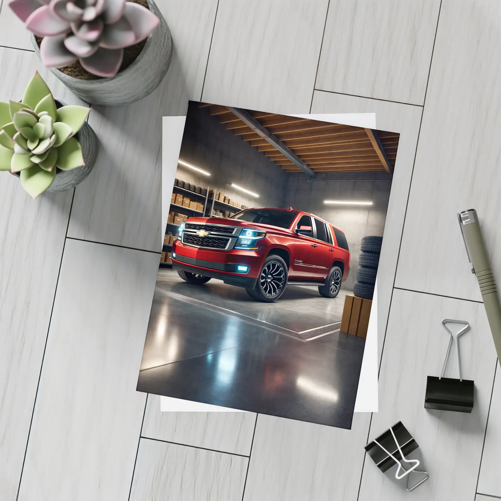 Chevrolet Tahoe Red SUV Garage Interior – Postcards