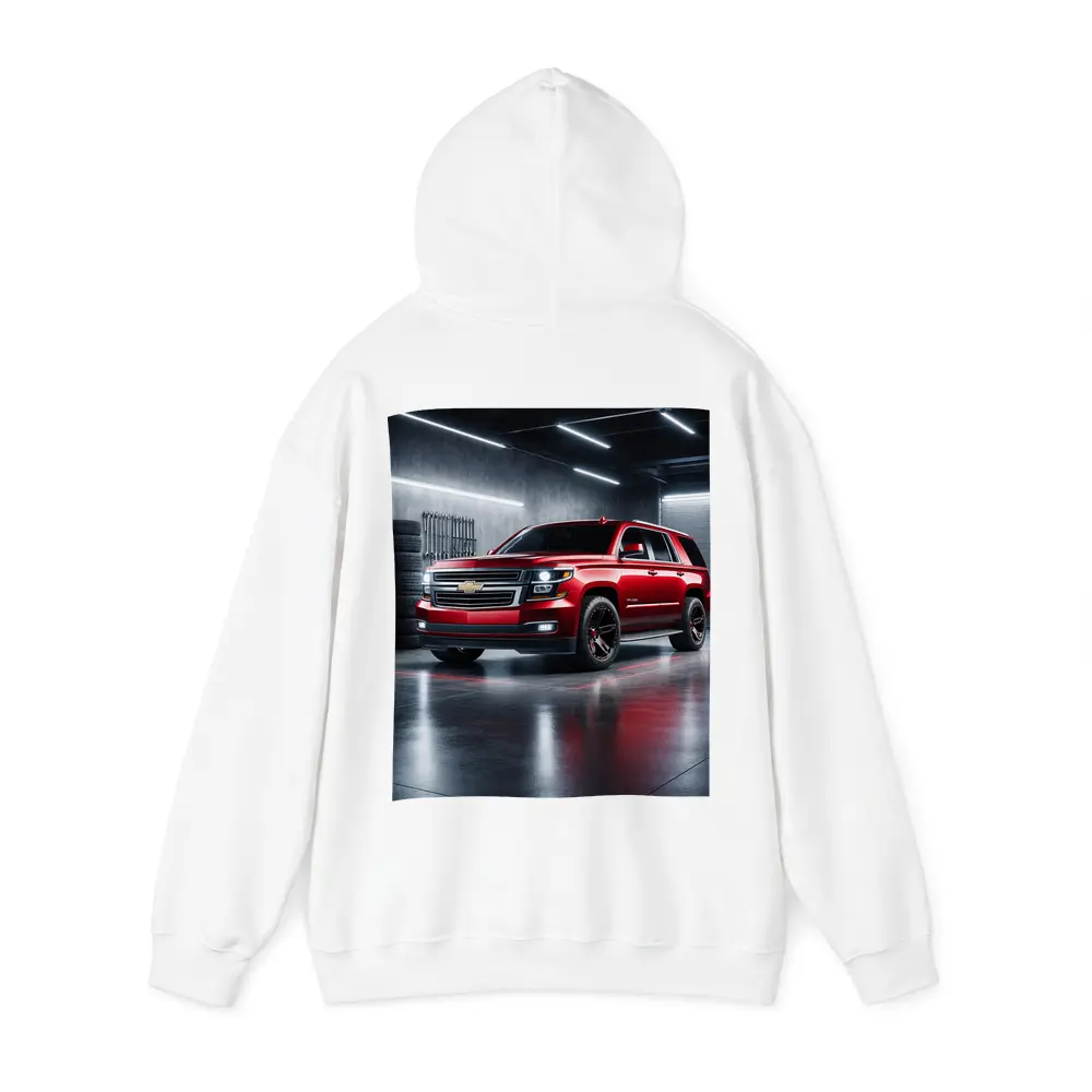 Chevrolet Tahoe Red SUV Garage Scene – Hoodies