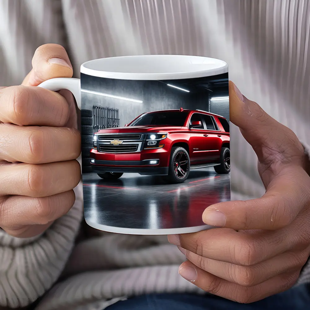 Chevrolet Tahoe Red SUV Garage Scene – Mugs