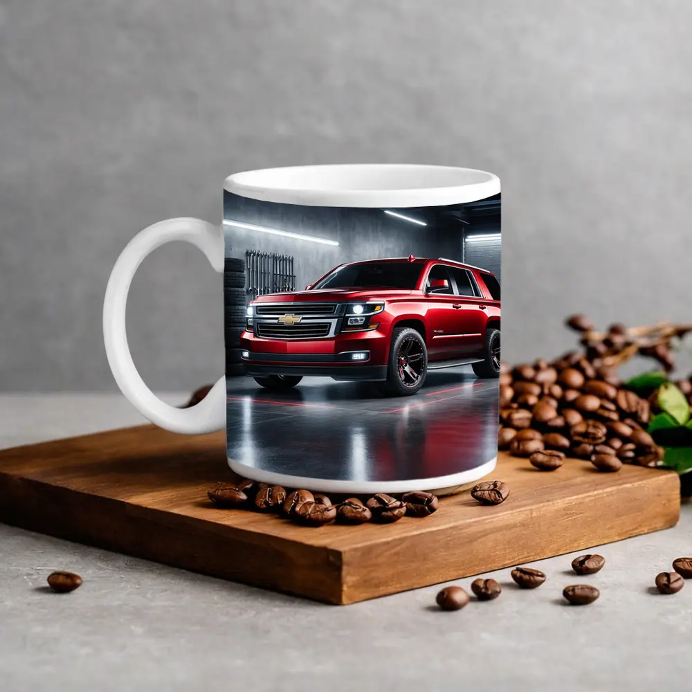 Chevrolet Tahoe Red SUV Garage Scene – Mugs