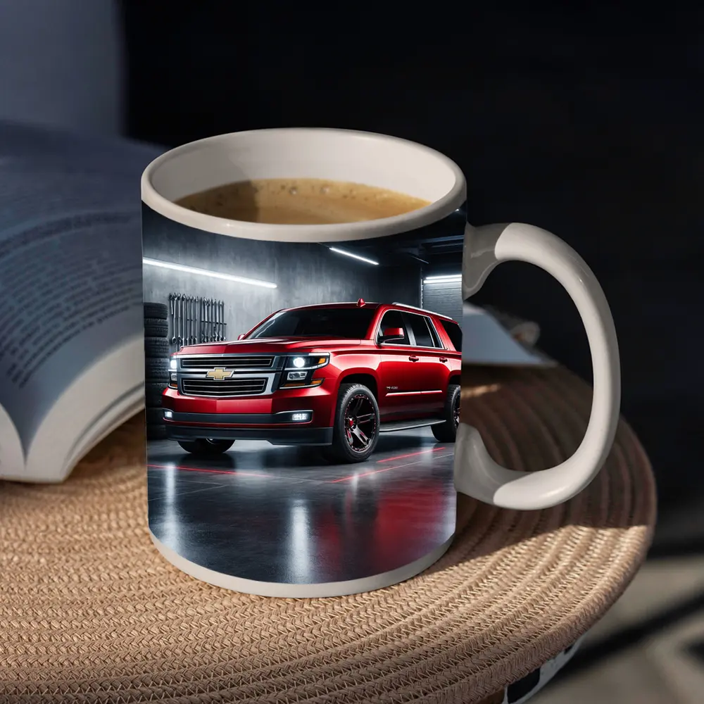 Chevrolet Tahoe Red SUV Garage Scene – Mugs