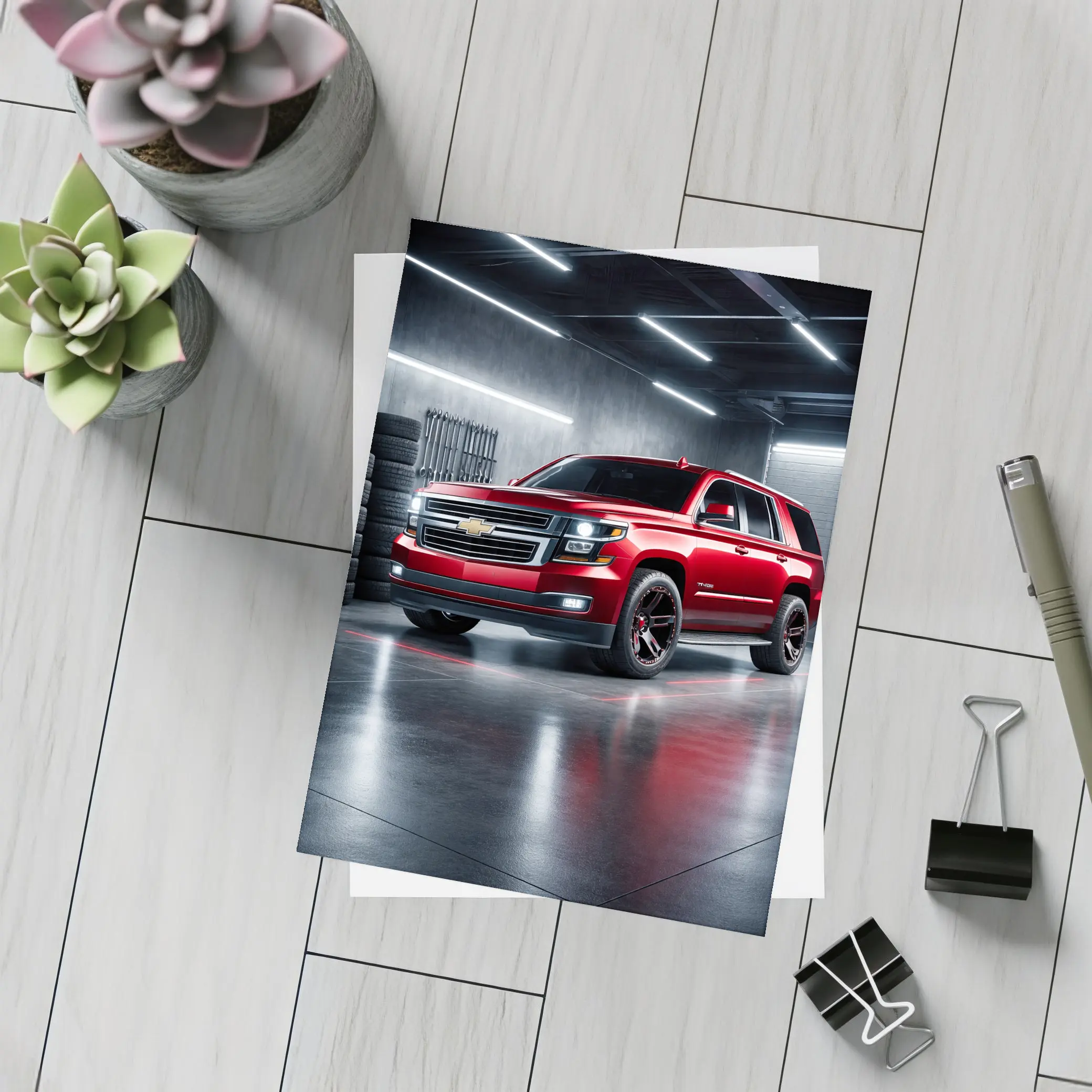 Chevrolet Tahoe Red SUV Garage Scene – Postcards