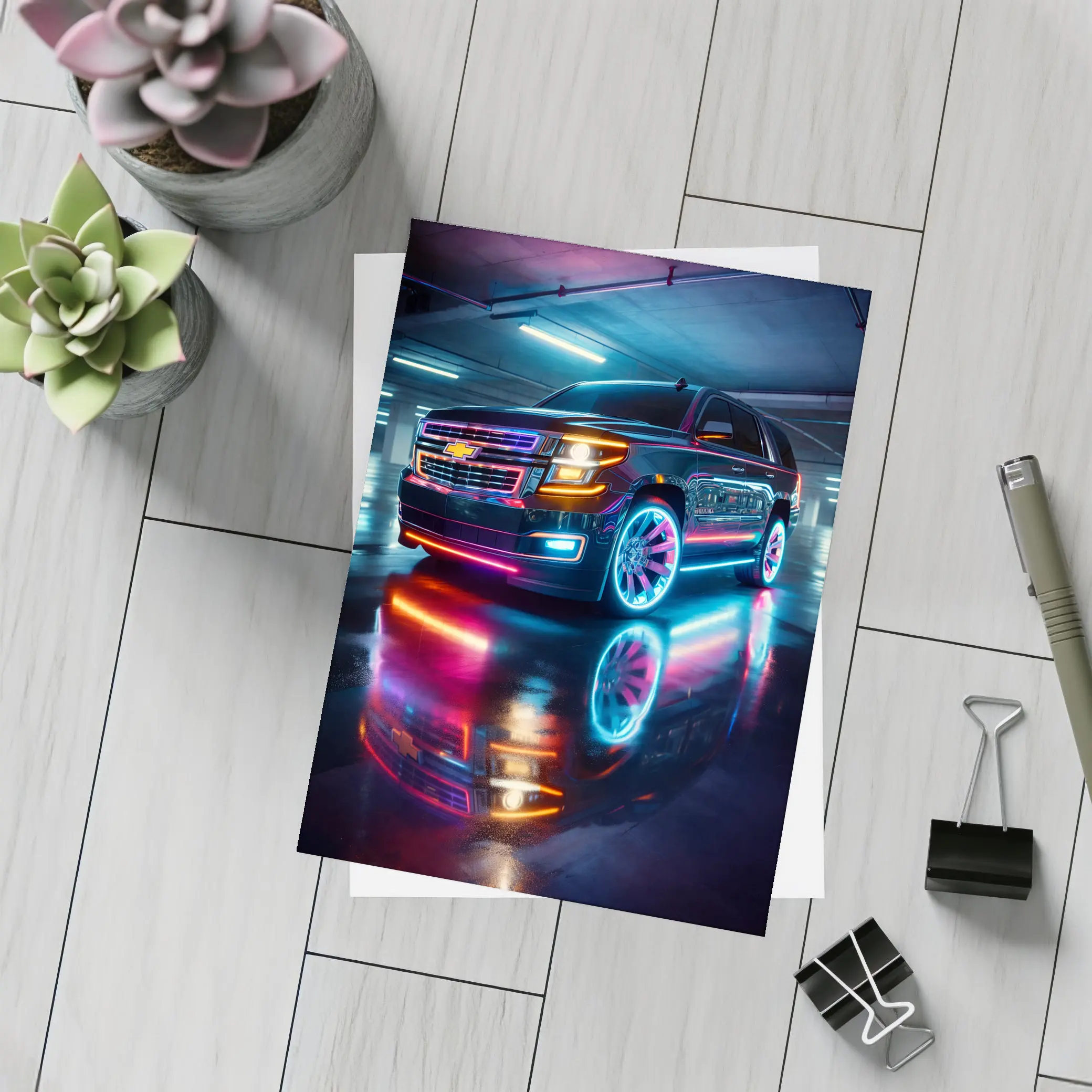 Chevrolet Tahoe Neon Lights Parking Garage – Postcards