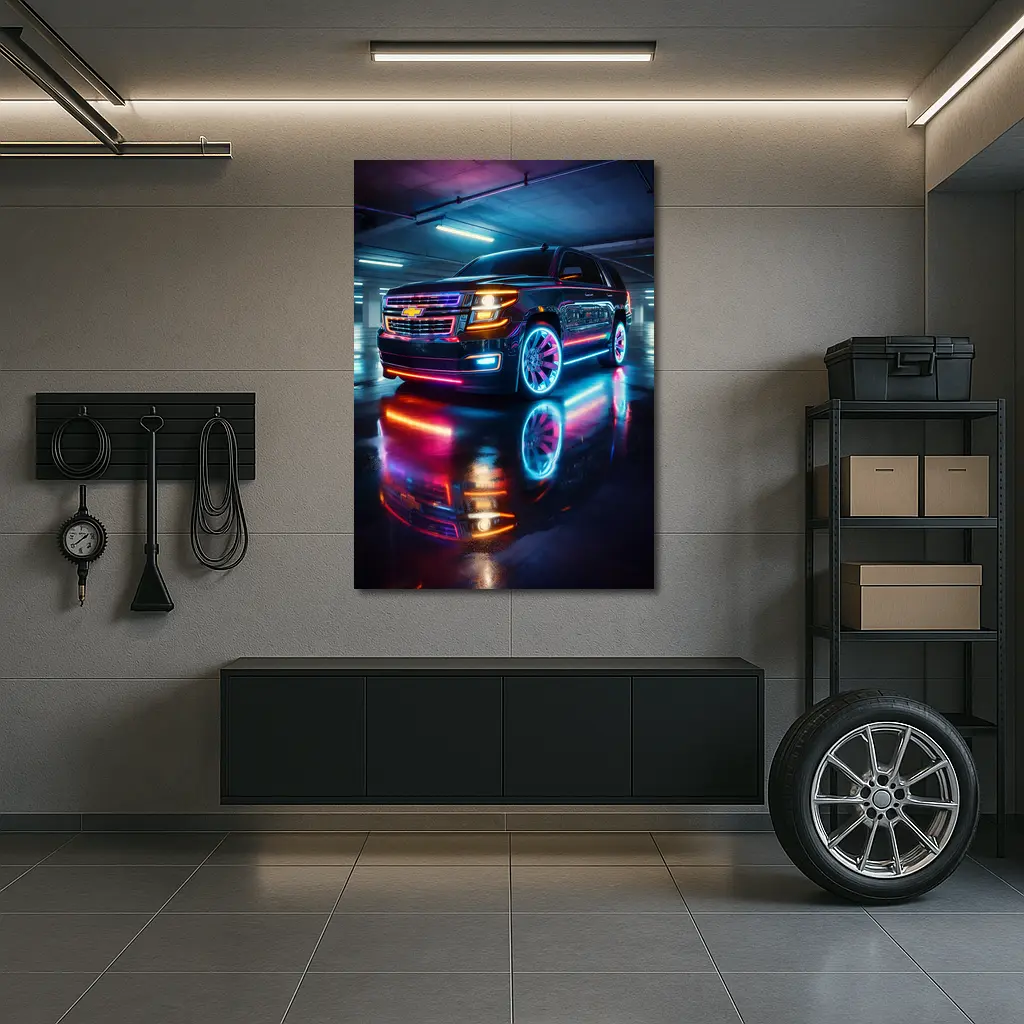Chevrolet Tahoe Neon Lights Parking Garage – Wall Art