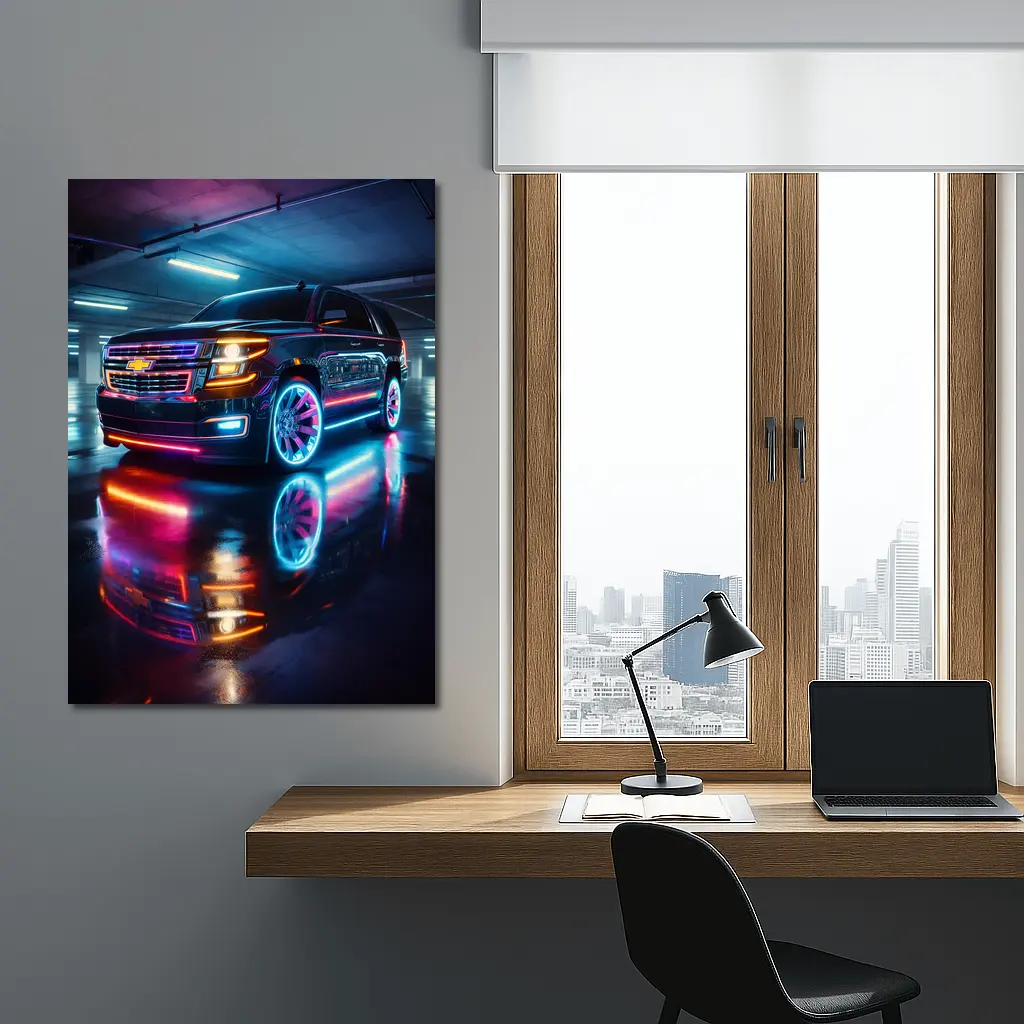 Chevrolet Tahoe Neon Lights Parking Garage – Wall Art