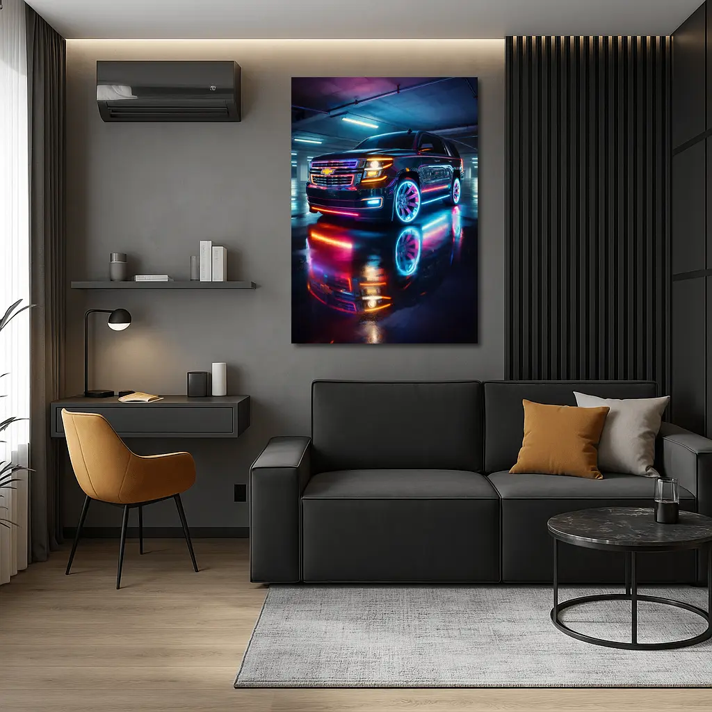 Chevrolet Tahoe Neon Lights Parking Garage – Wall Art