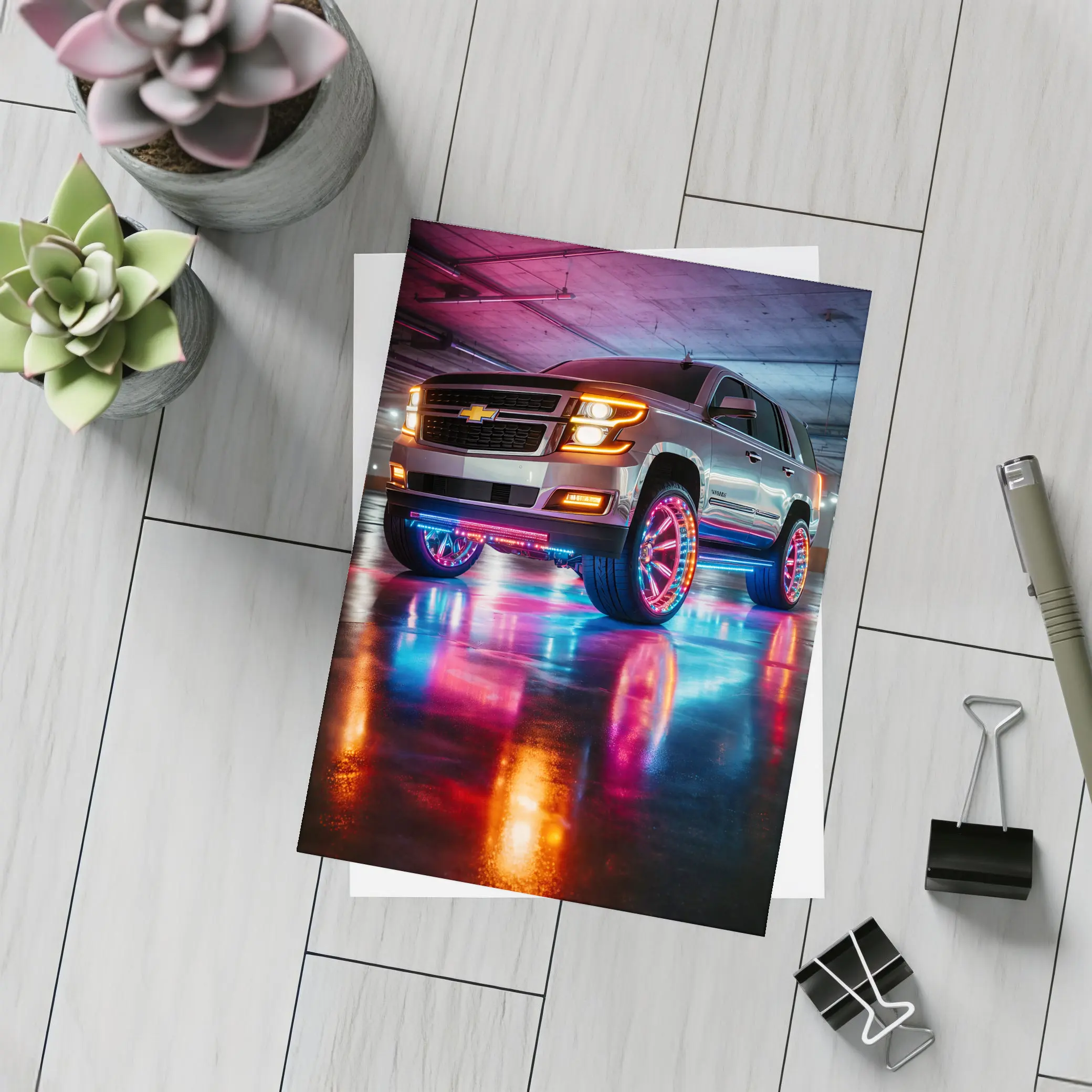 Chevrolet Tahoe Neon Lights Underground Parking – Postcards