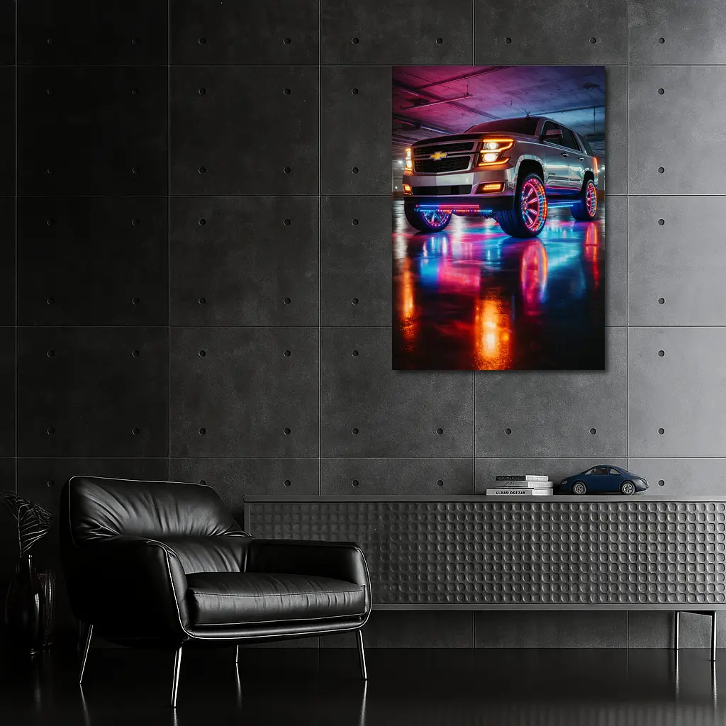 Chevrolet Tahoe Neon Lights Underground Parking – Wall Art