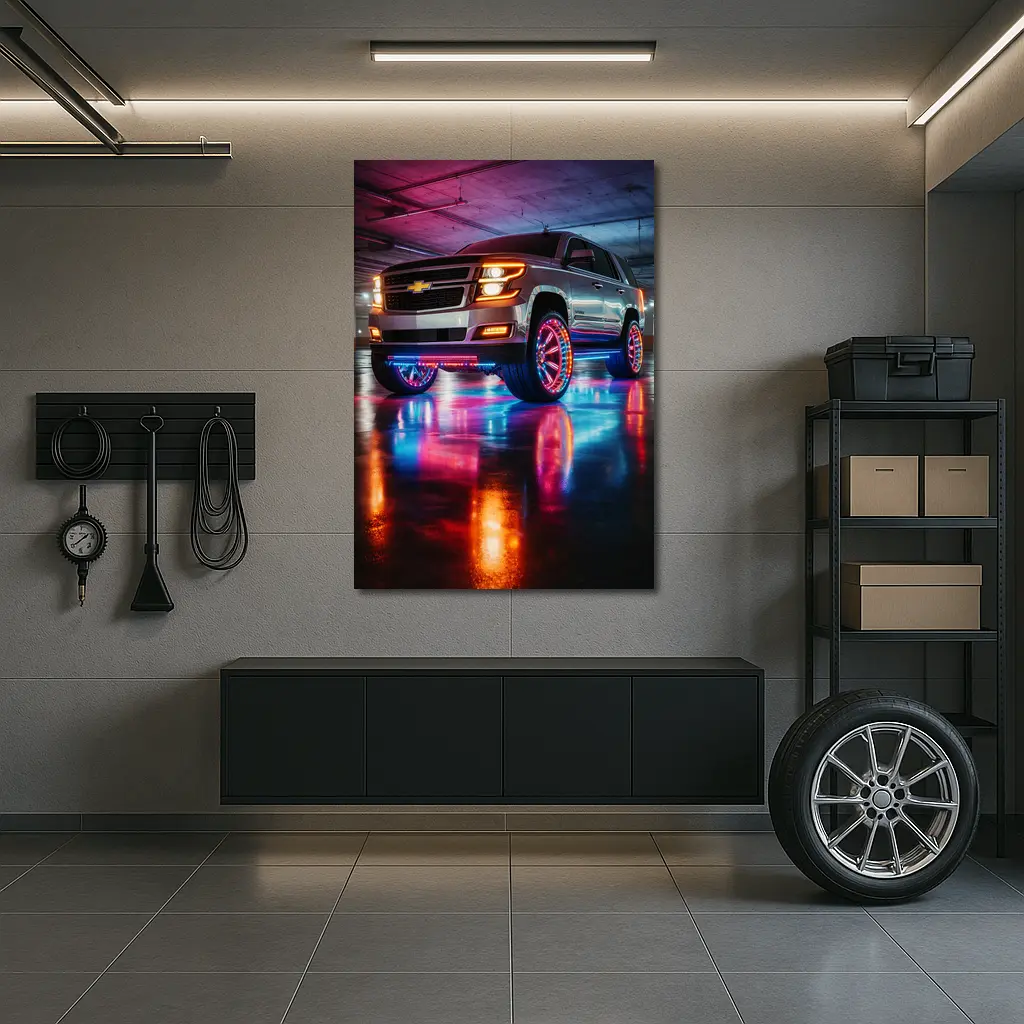 Chevrolet Tahoe Neon Lights Underground Parking – Wall Art