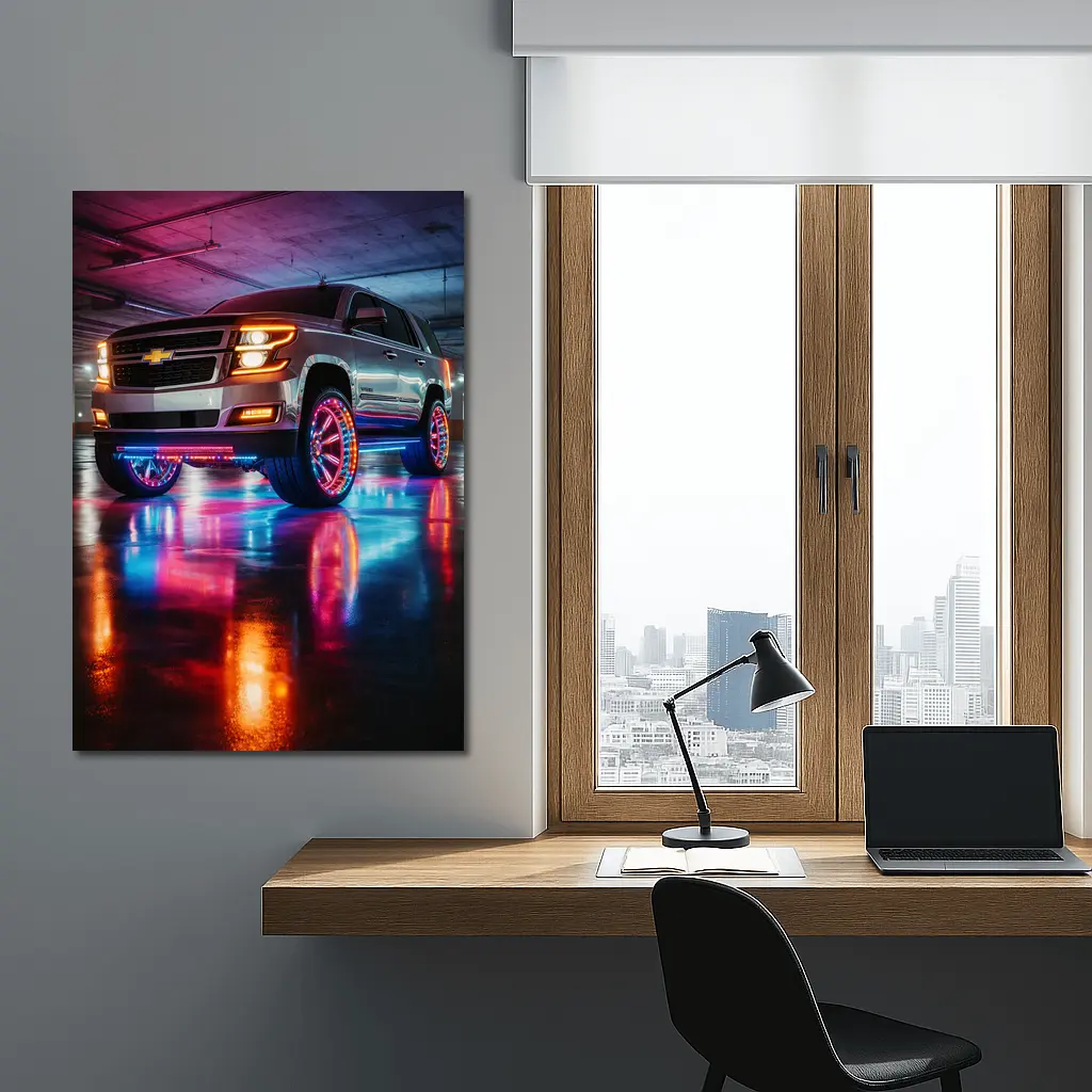 Chevrolet Tahoe Neon Lights Underground Parking – Wall Art