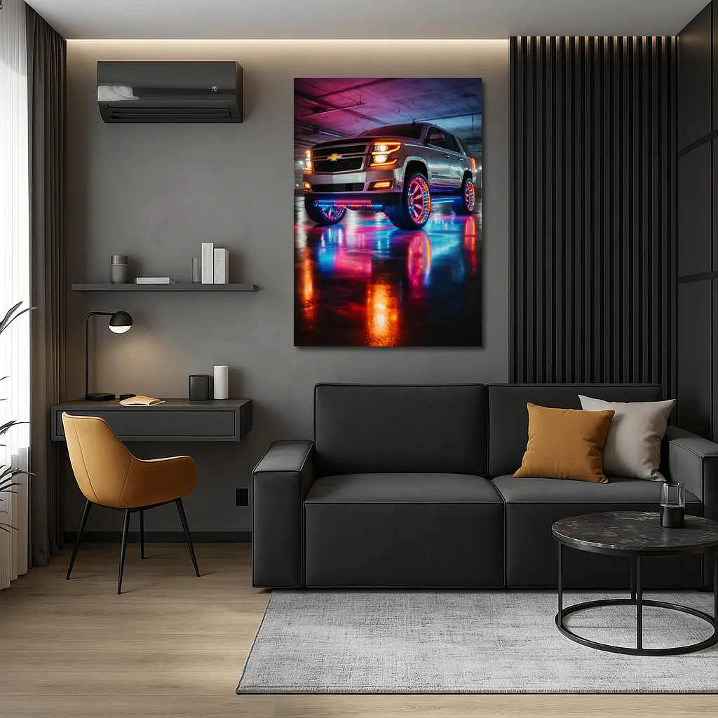 Chevrolet Tahoe Neon Lights Underground Parking – Wall Art