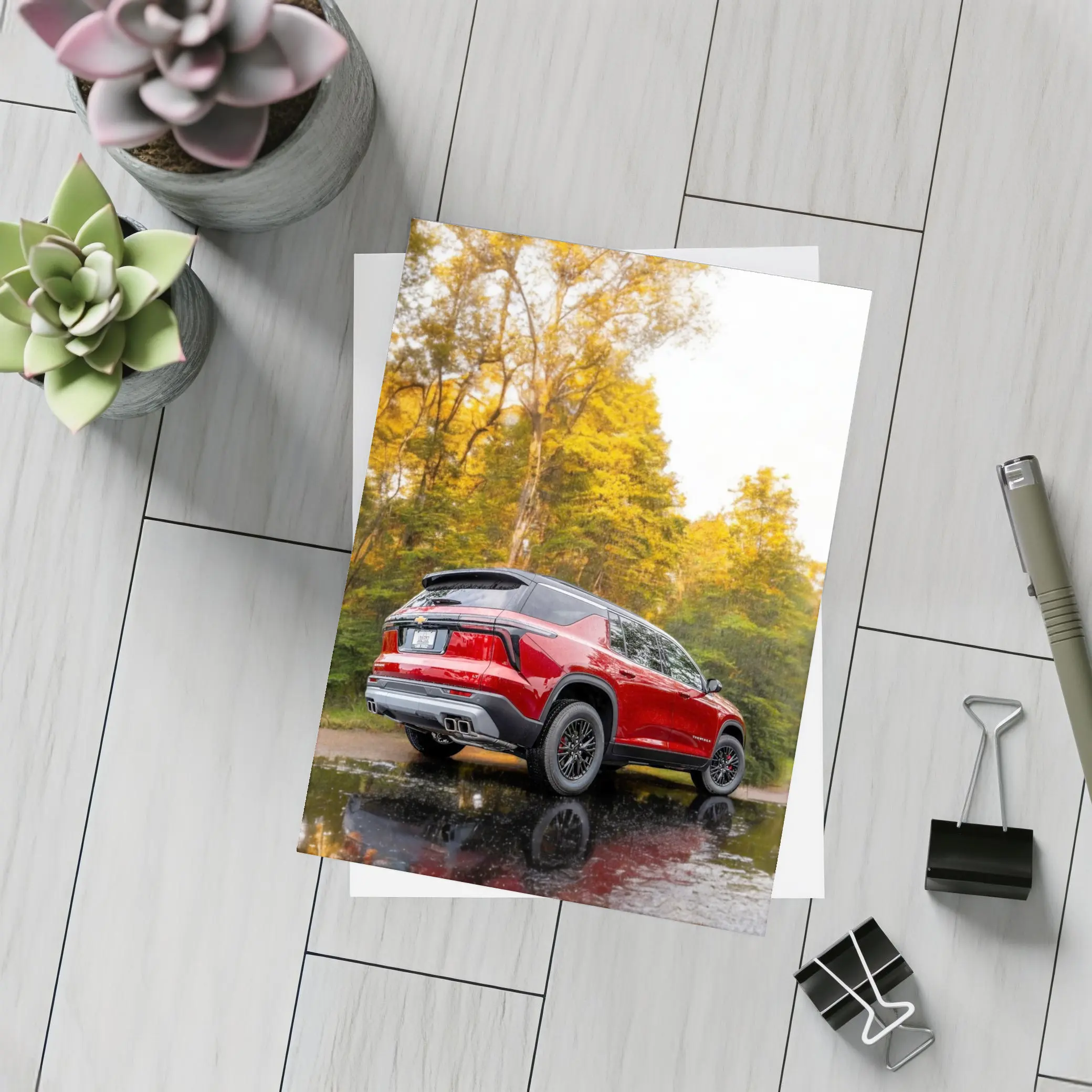 Chevrolet Traverse Red SUV Autumn Forest – Postcards