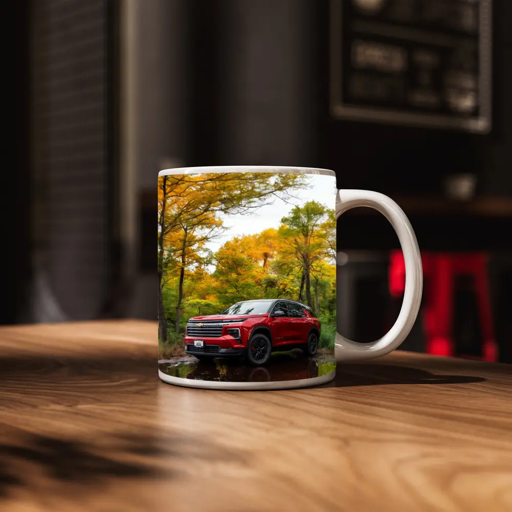 Chevrolet Traverse Red SUV Autumn Forest – Mugs