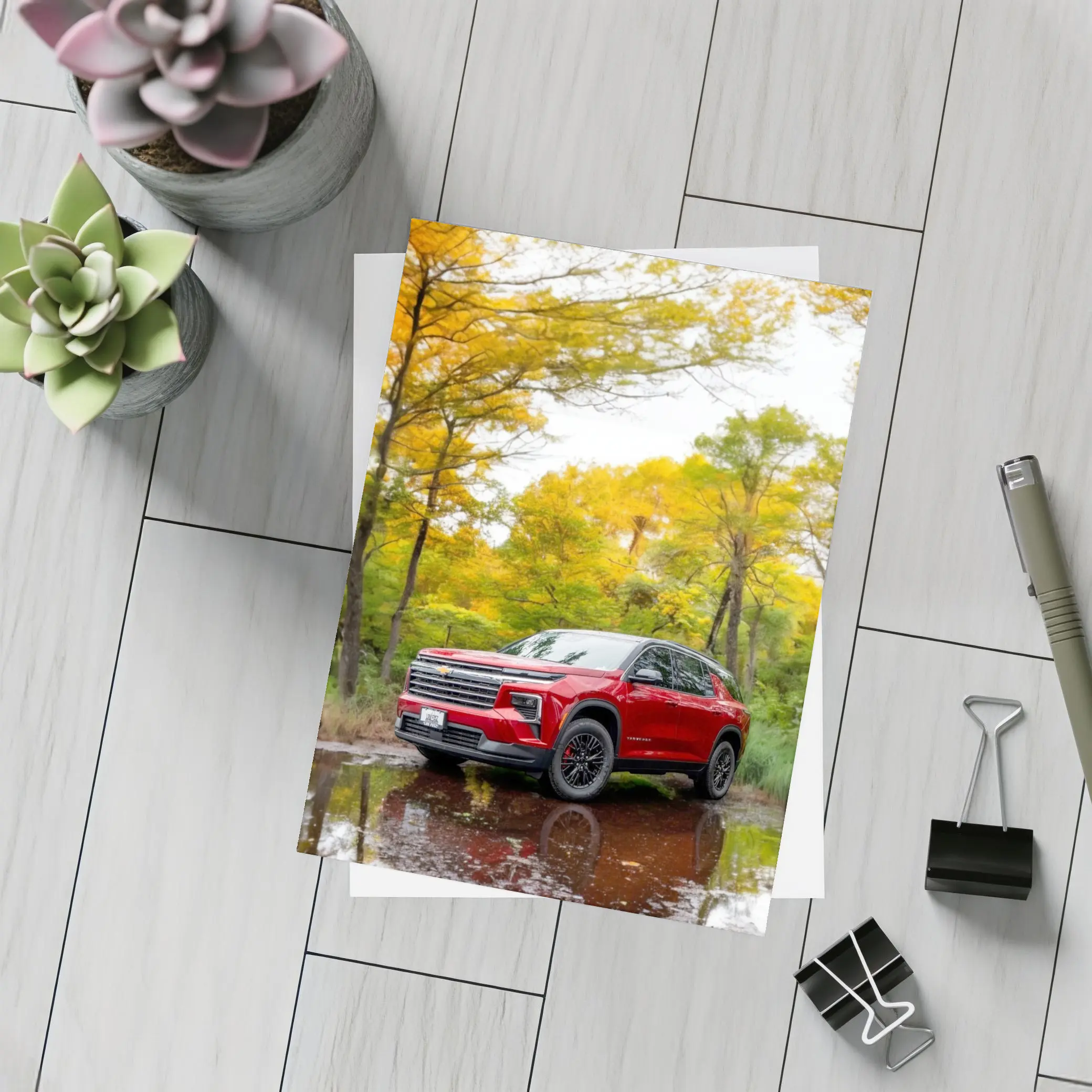 Chevrolet Traverse Red SUV Autumn Forest – Postcards