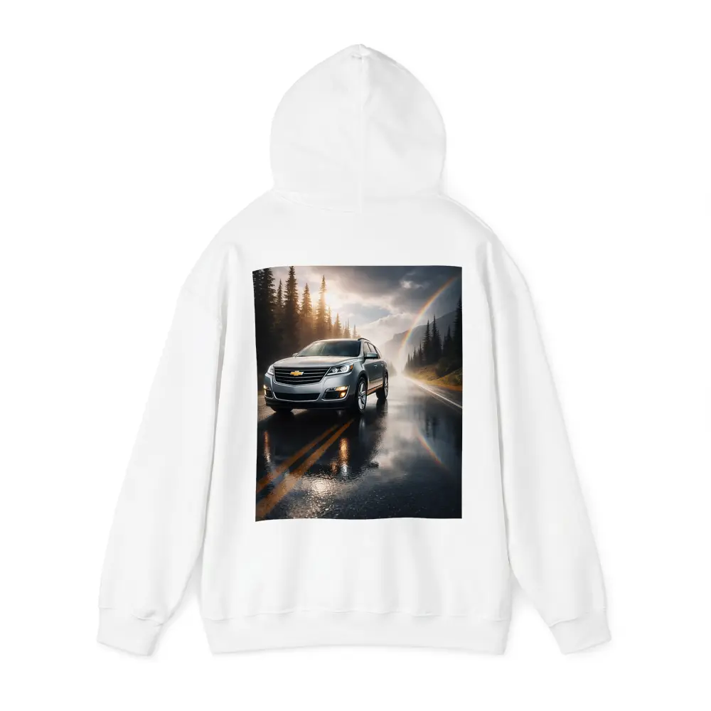 Chevrolet Traverse On Rainy Forest Road – Hoodies