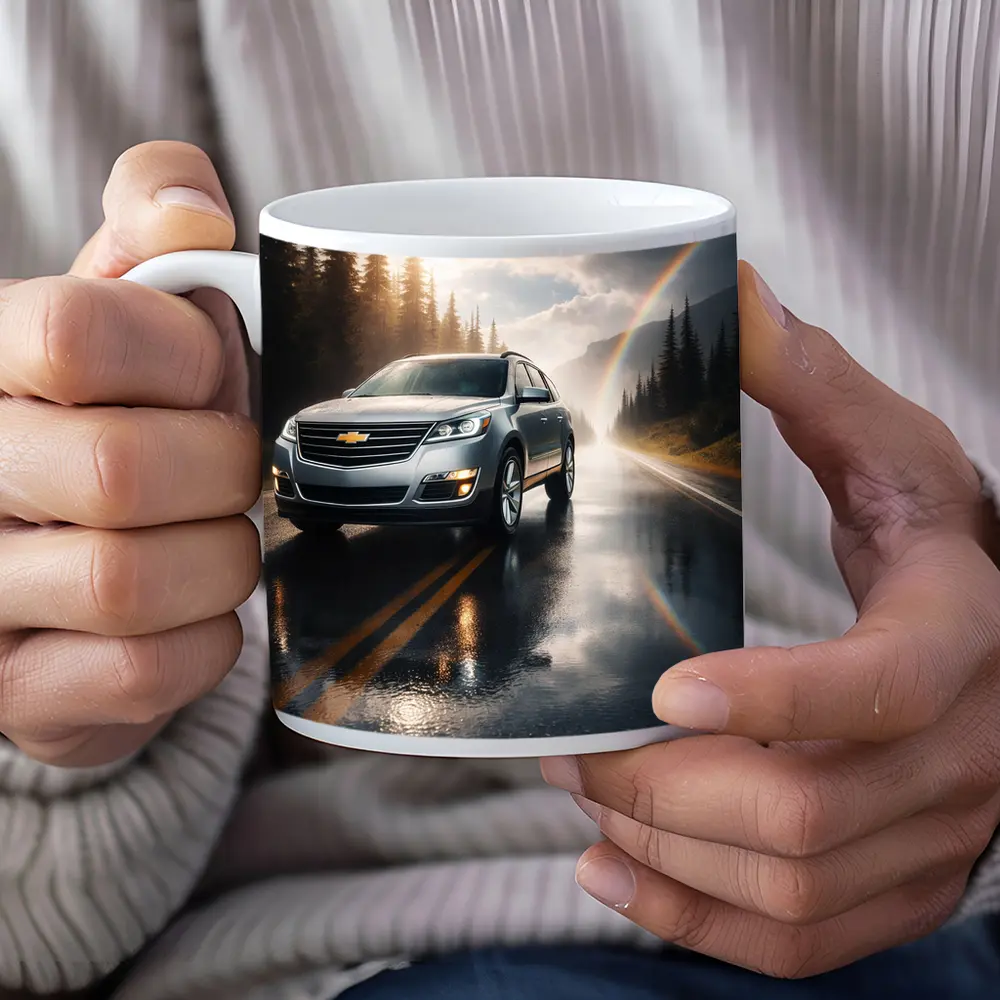 Chevrolet Traverse On Rainy Forest Road – Mugs