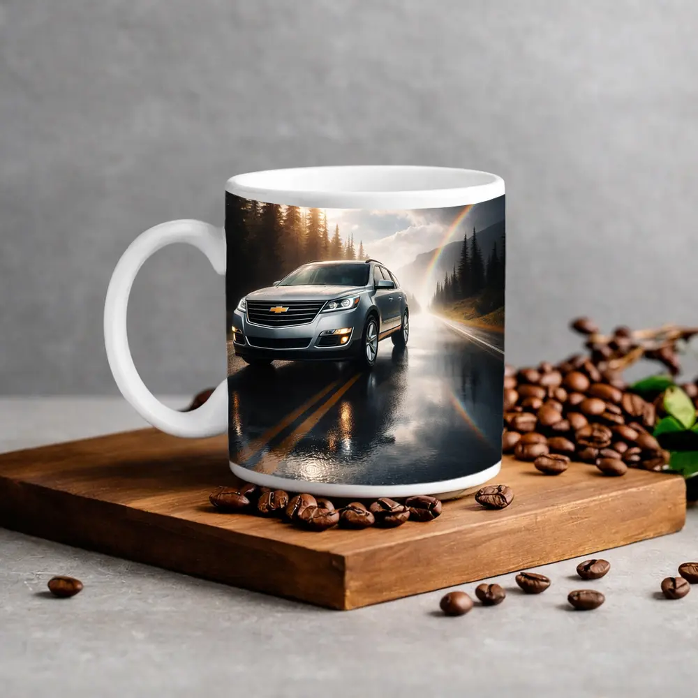 Chevrolet Traverse On Rainy Forest Road – Mugs