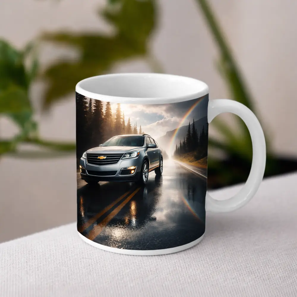 Chevrolet Traverse On Rainy Forest Road – Mugs
