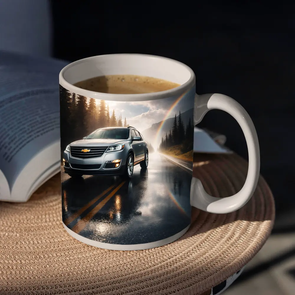 Chevrolet Traverse On Rainy Forest Road – Mugs