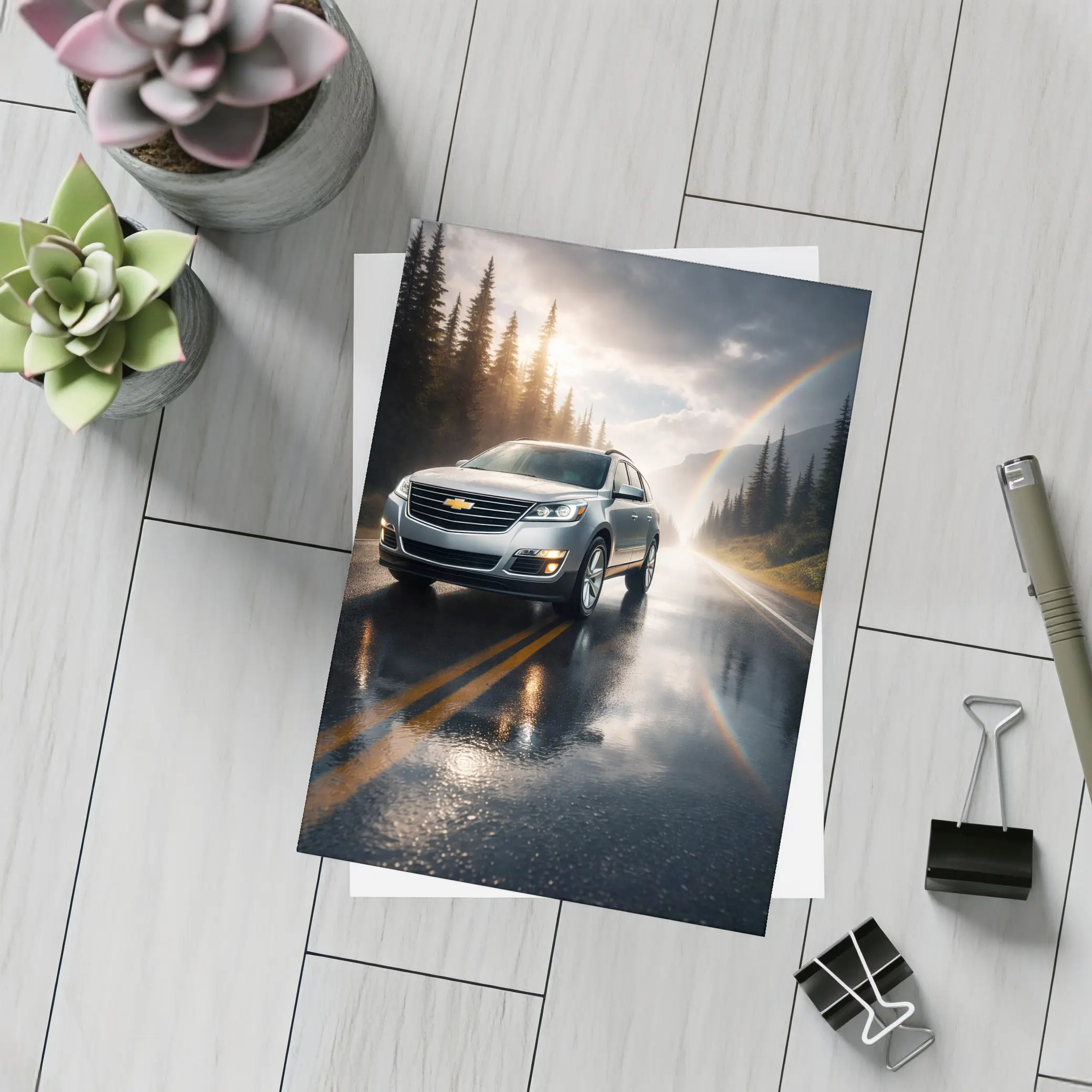 Chevrolet Traverse On Rainy Forest Road – Postcards