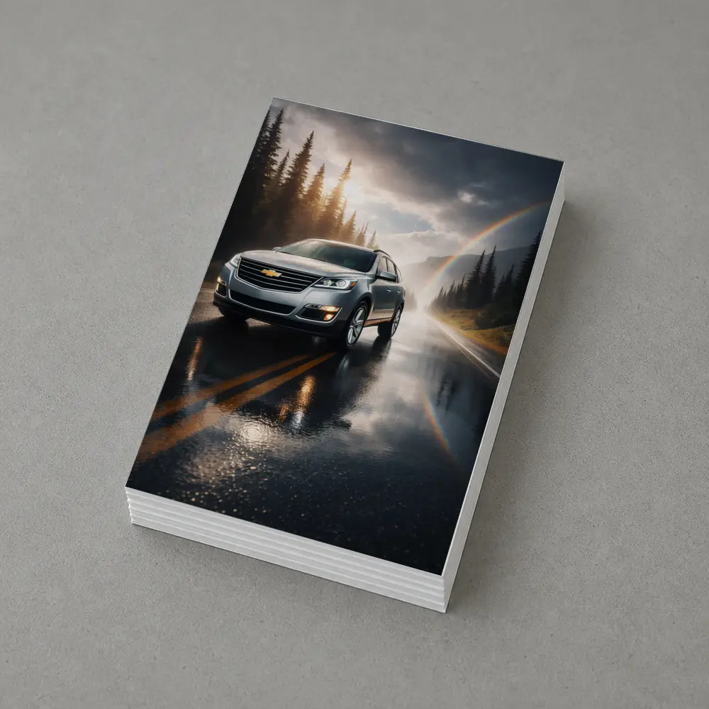 Chevrolet Traverse On Rainy Forest Road – Postcards