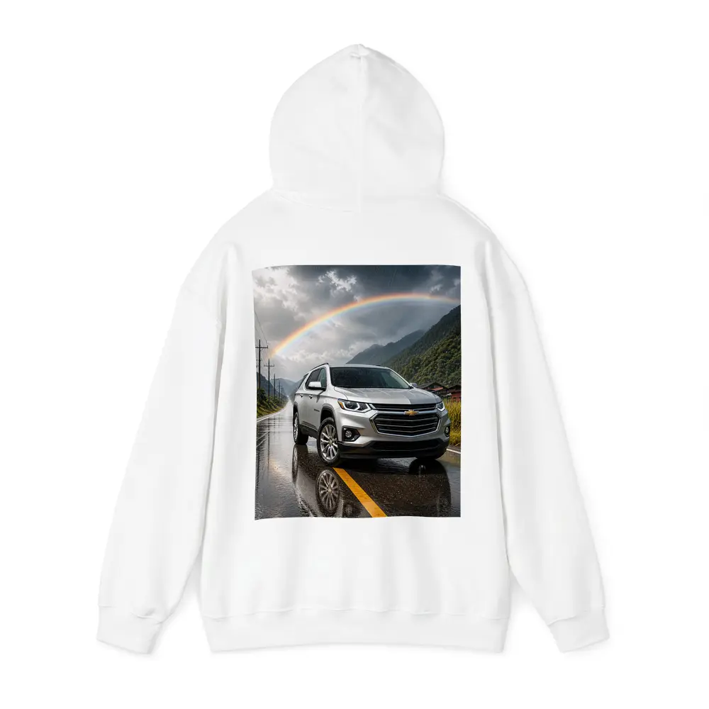 Chevrolet Traverse Silver SUV Rainy Mountain Road – Hoodies