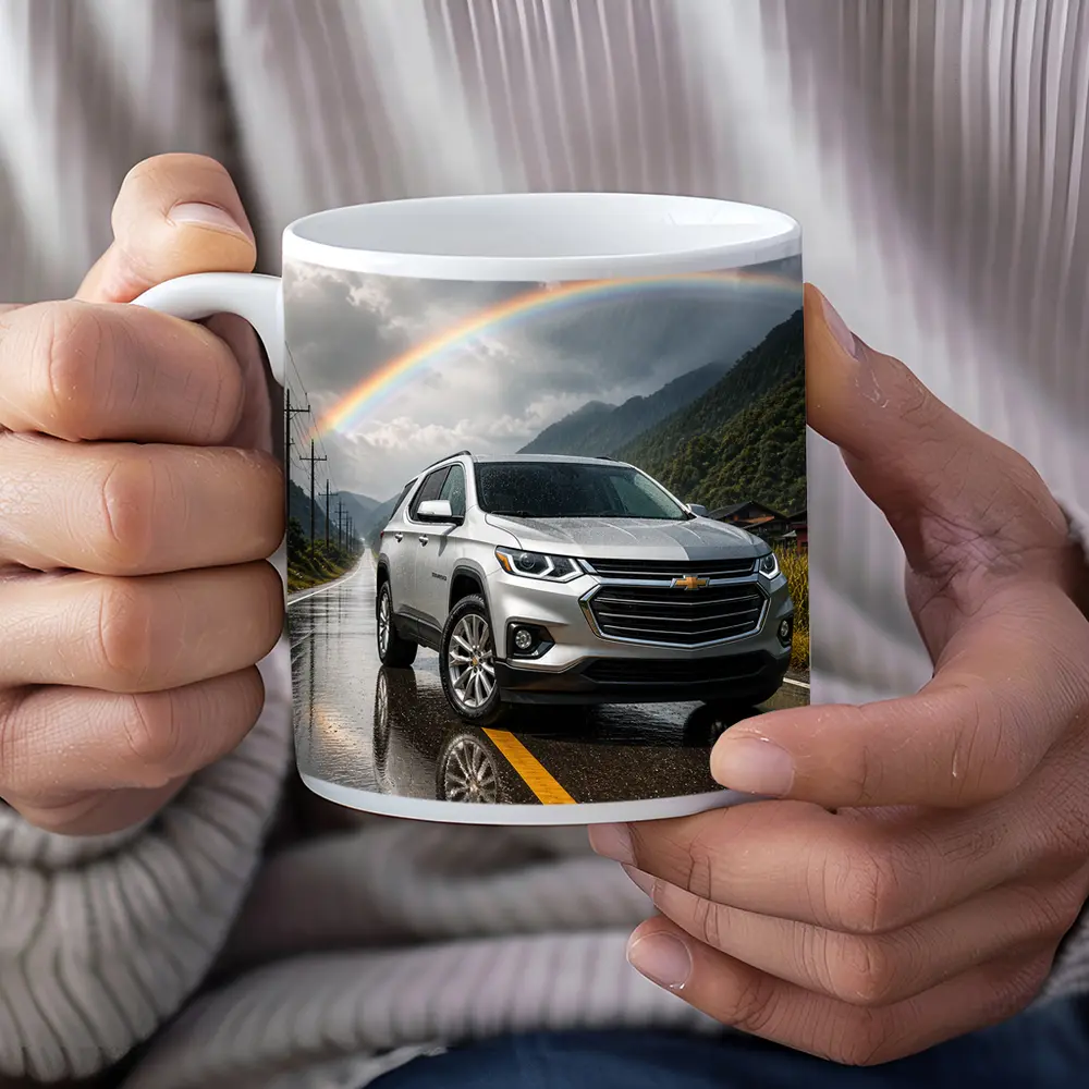 Chevrolet Traverse Silver SUV Rainy Mountain Road – Mugs