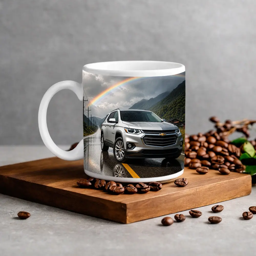 Chevrolet Traverse Silver SUV Rainy Mountain Road – Mugs