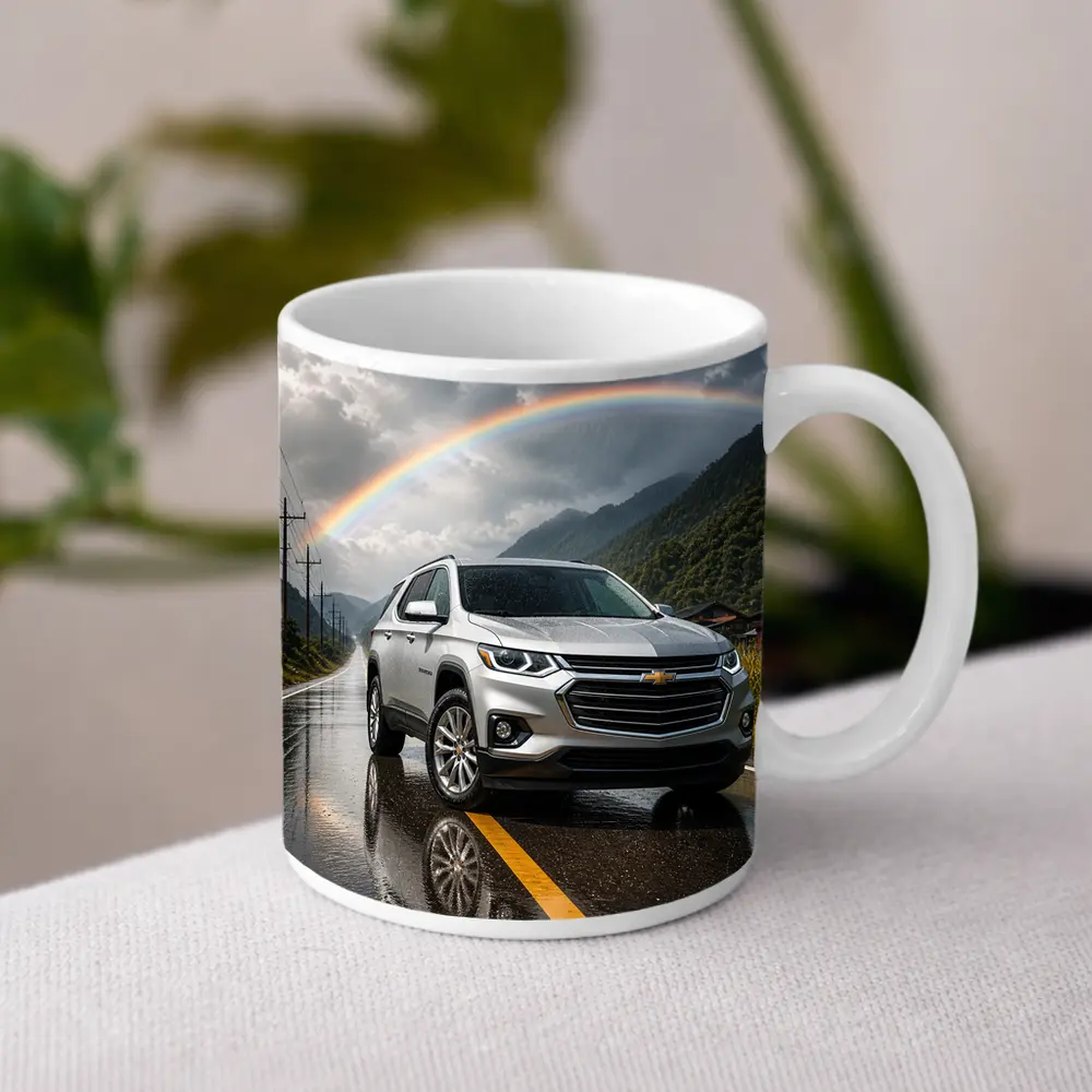 Chevrolet Traverse Silver SUV Rainy Mountain Road – Mugs