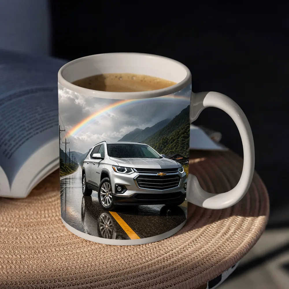 Chevrolet Traverse Silver SUV Rainy Mountain Road – Mugs