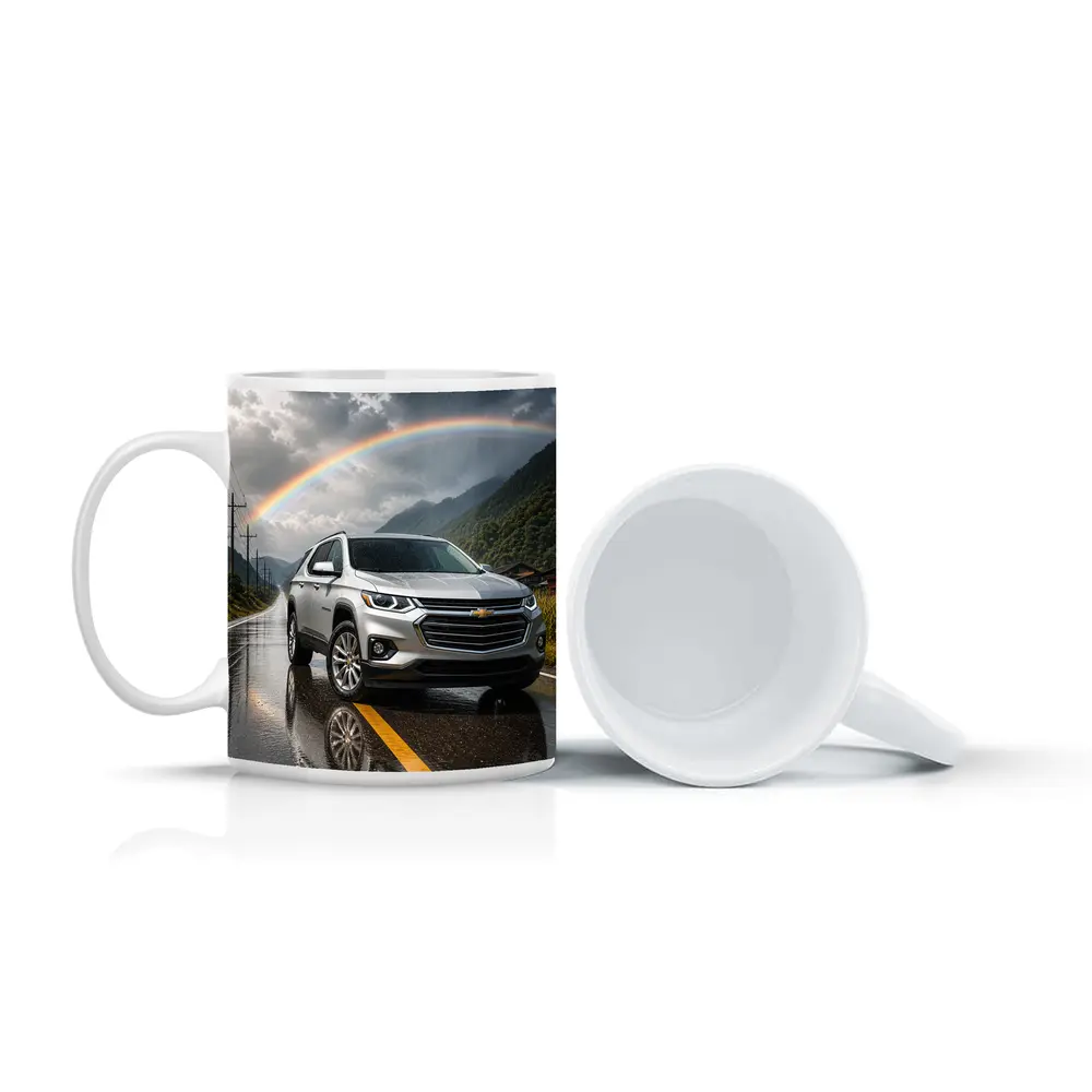 Chevrolet Traverse Silver SUV Rainy Mountain Road – Mugs