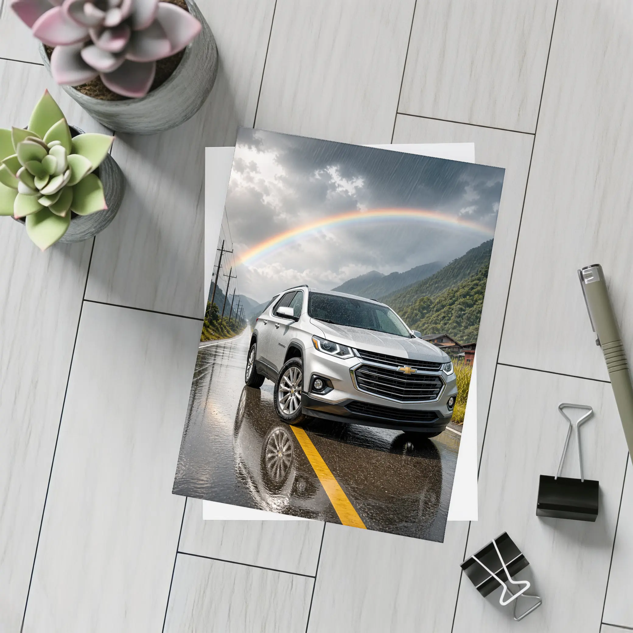 Chevrolet Traverse Silver SUV Rainy Mountain Road – Postcards