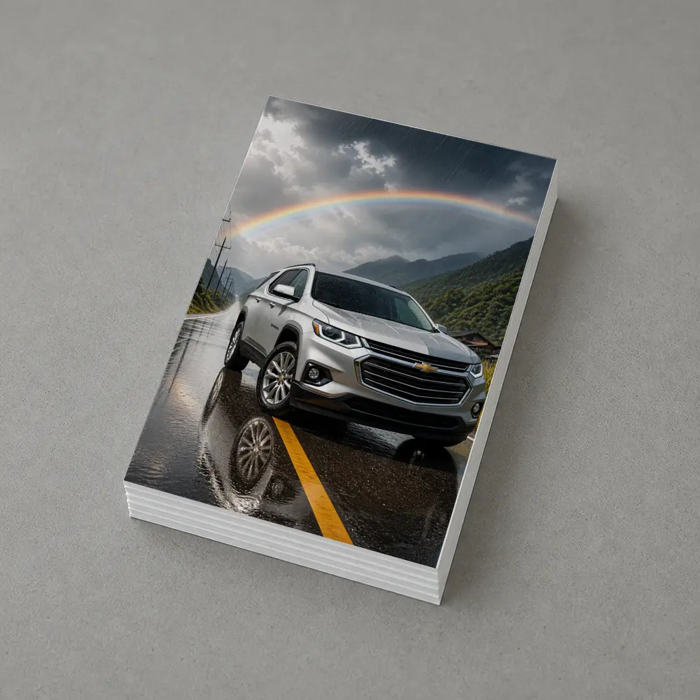 Chevrolet Traverse Silver SUV Rainy Mountain Road – Postcards