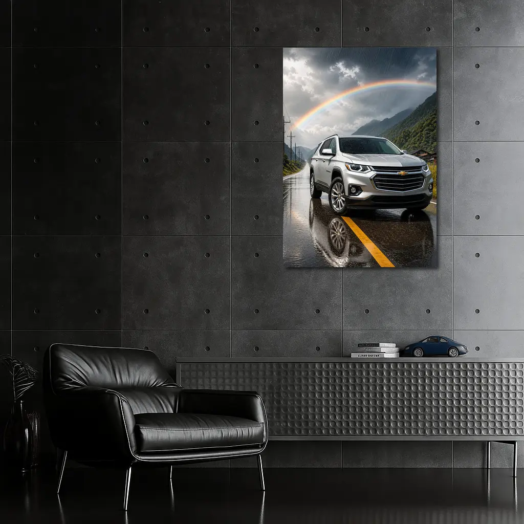 Chevrolet Traverse Silver SUV Rainy Mountain Road – Wall Art