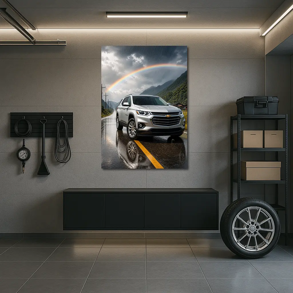 Chevrolet Traverse Silver SUV Rainy Mountain Road – Wall Art