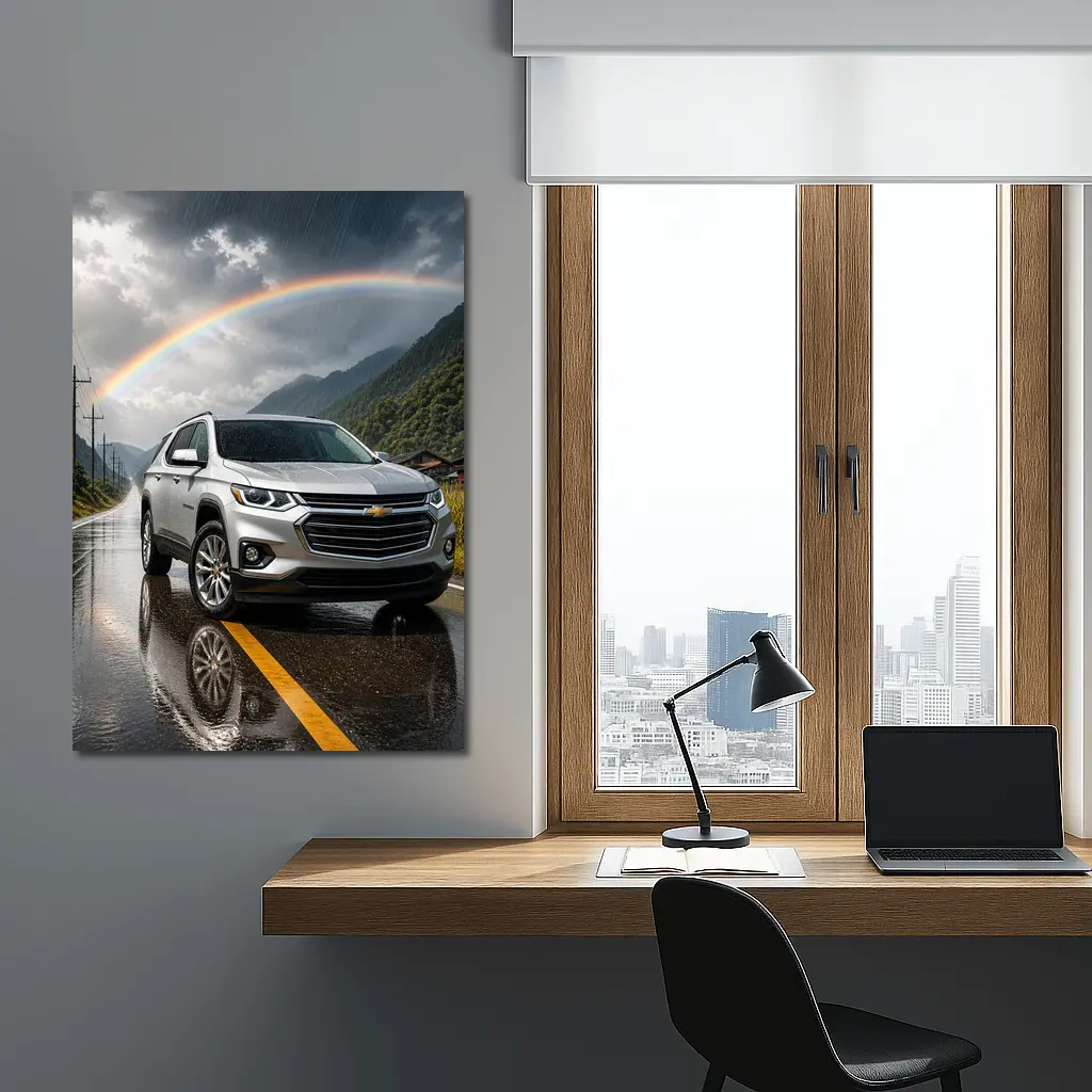 Chevrolet Traverse Silver SUV Rainy Mountain Road – Wall Art