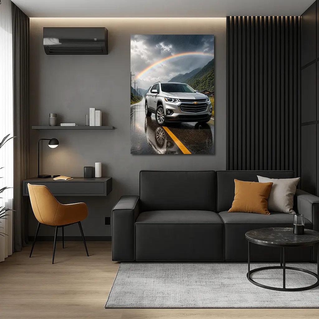 Chevrolet Traverse Silver SUV Rainy Mountain Road – Wall Art
