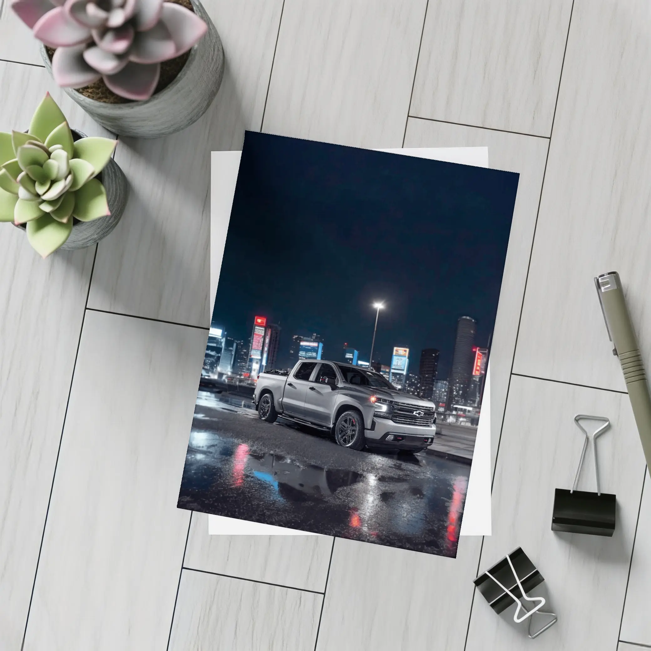 Chevrolet Silverado Silver Truck Night City – Postcards