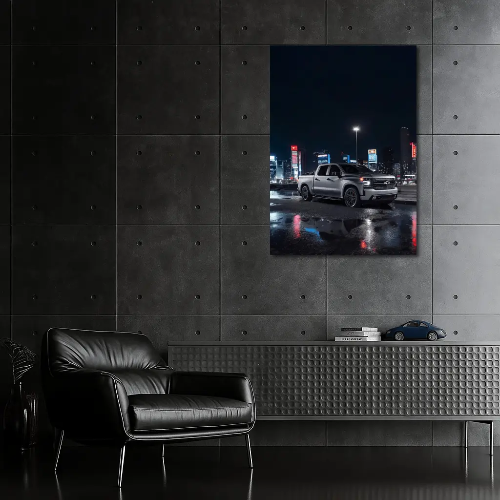 Chevrolet Silverado Silver Truck Night City – Wall Art