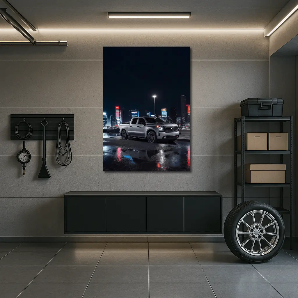 Chevrolet Silverado Silver Truck Night City – Wall Art