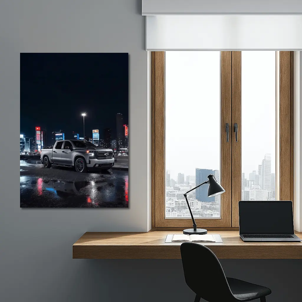 Chevrolet Silverado Silver Truck Night City – Wall Art
