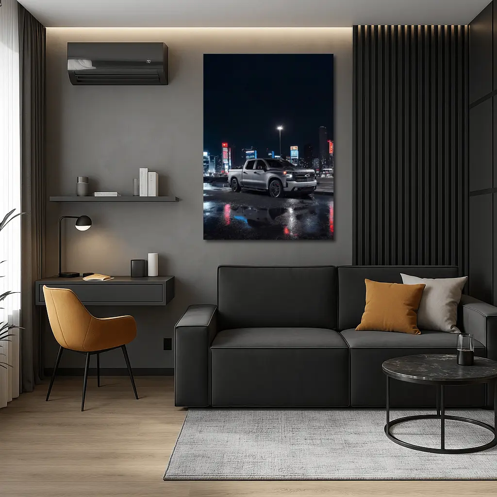 Chevrolet Silverado Silver Truck Night City – Wall Art