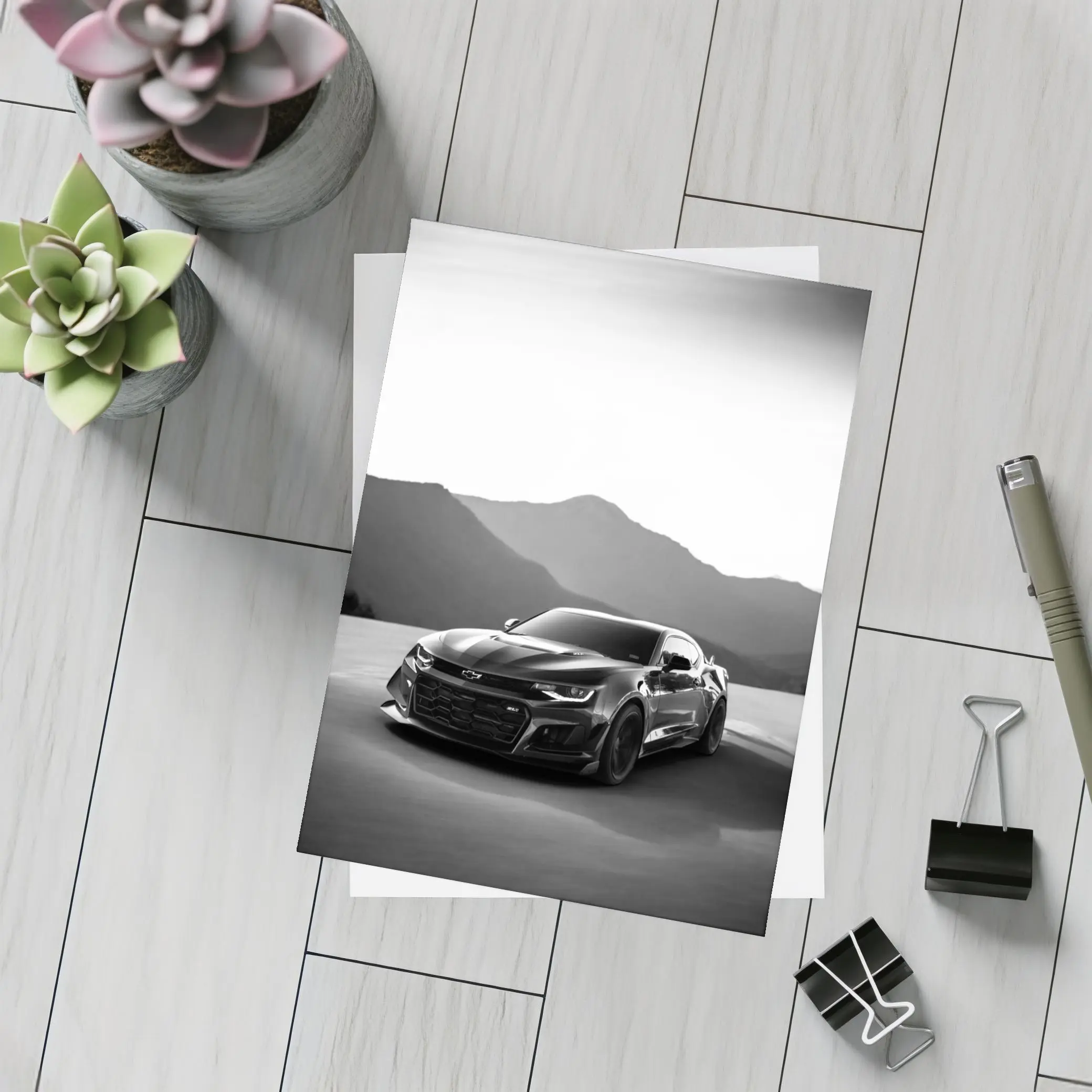 Chevrolet Camaro Black White Mountain Backdrop – Postcards