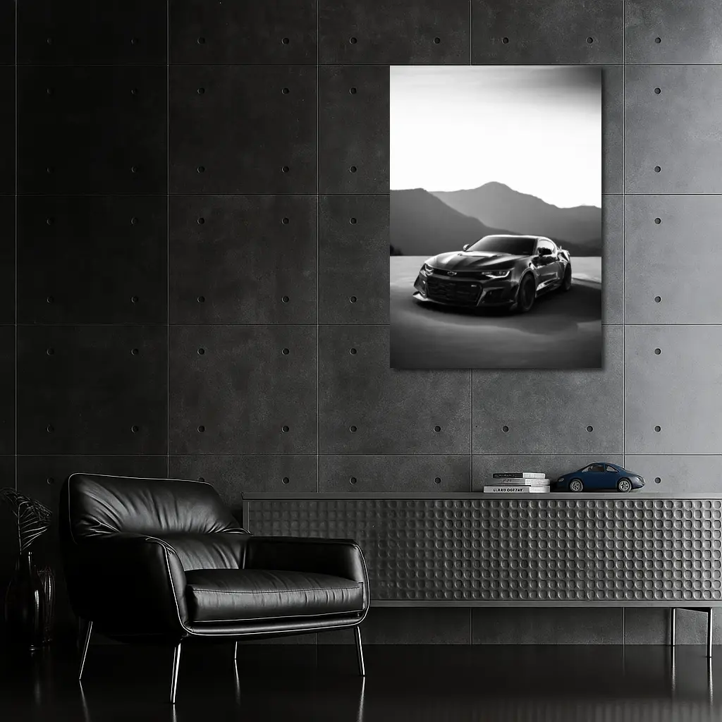 Chevrolet Camaro Black White Mountain Backdrop – Wall Art