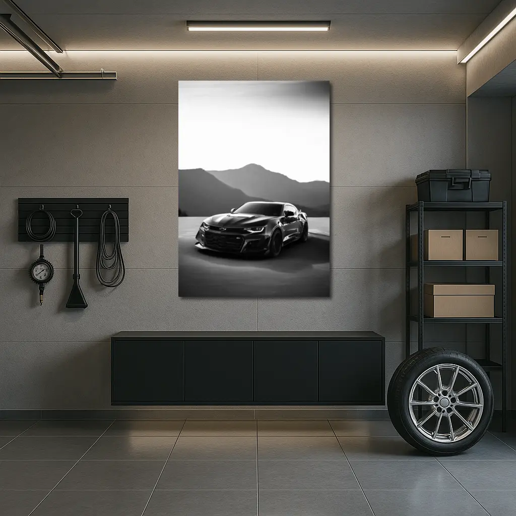 Chevrolet Camaro Black White Mountain Backdrop – Wall Art