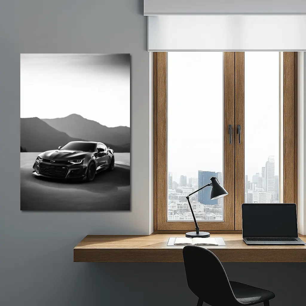 Chevrolet Camaro Black White Mountain Backdrop – Wall Art