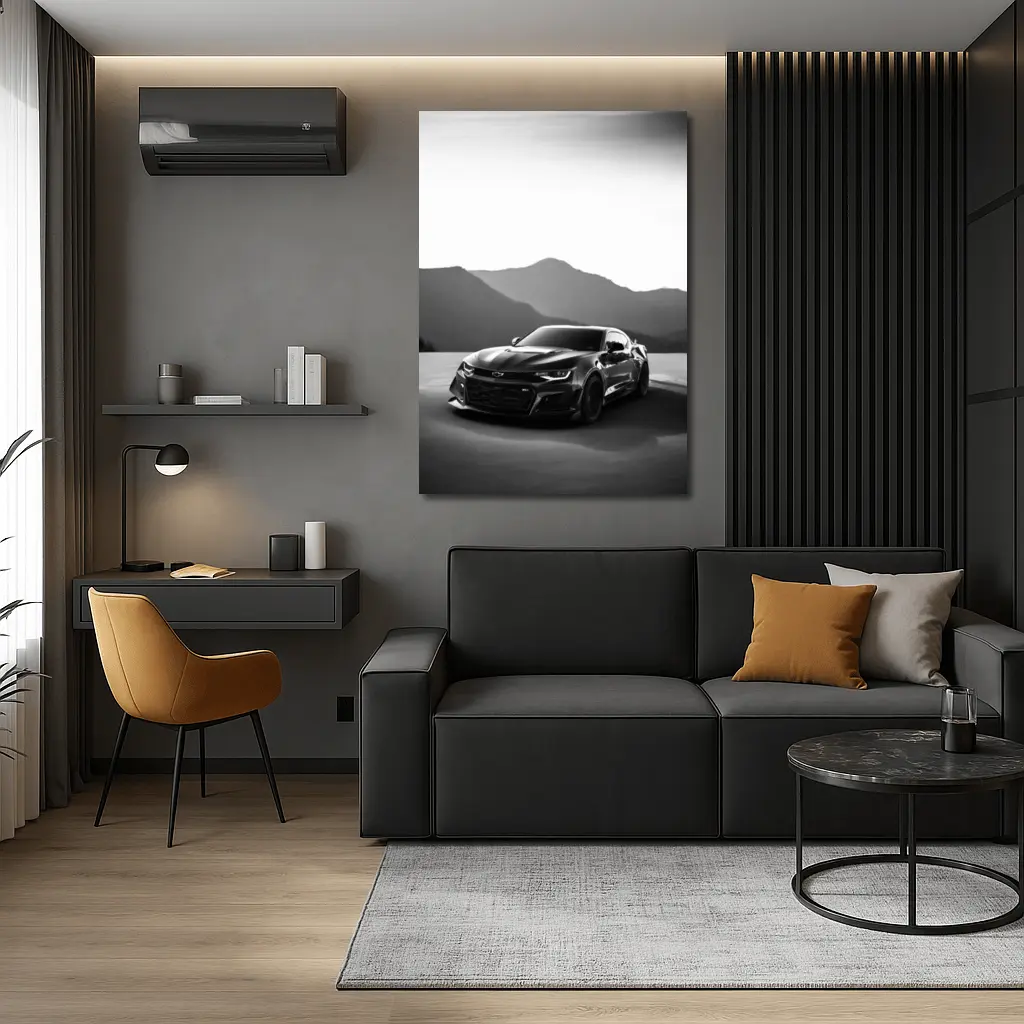 Chevrolet Camaro Black White Mountain Backdrop – Wall Art