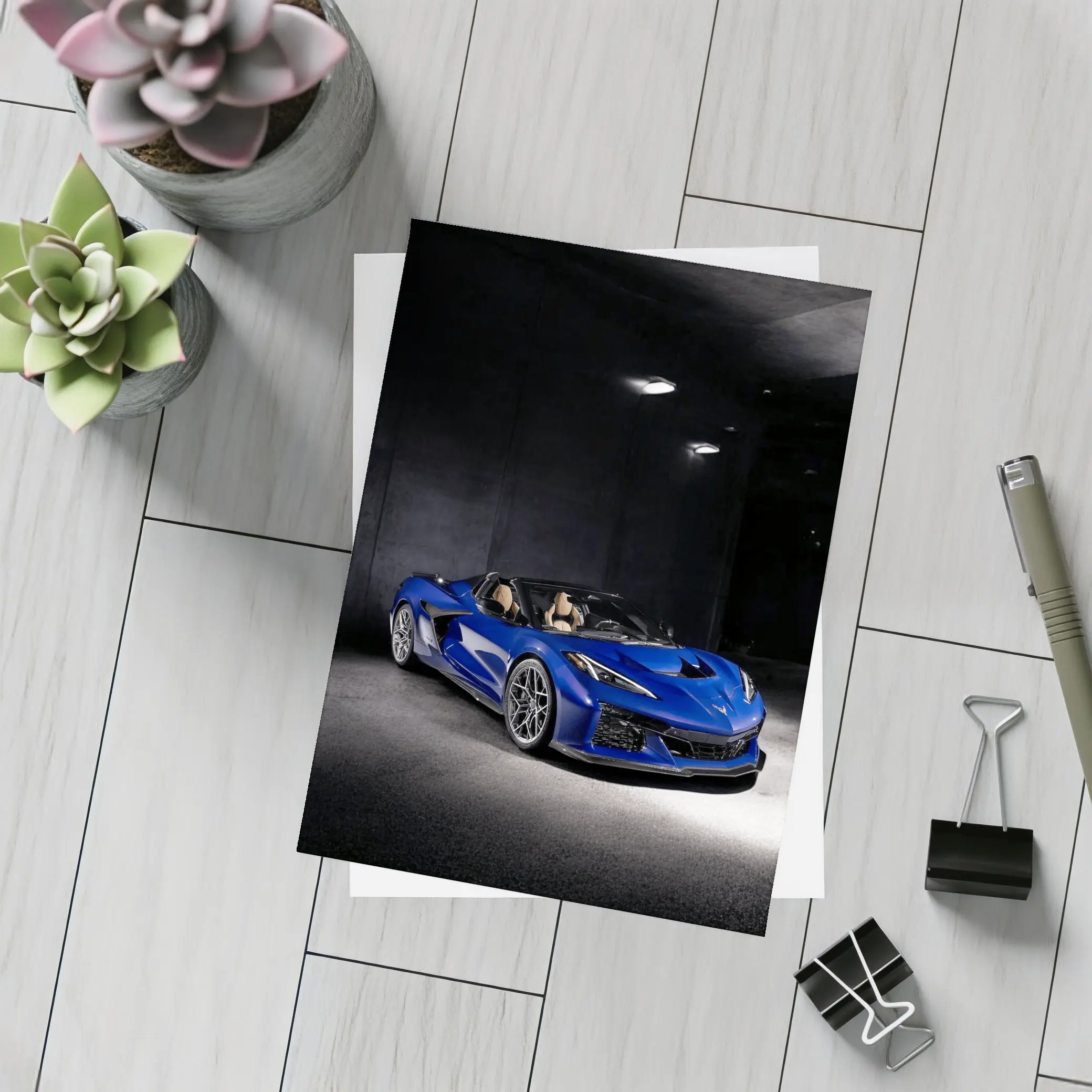 Chevrolet Corvette Blue Convertible Dark Garage – Postcards