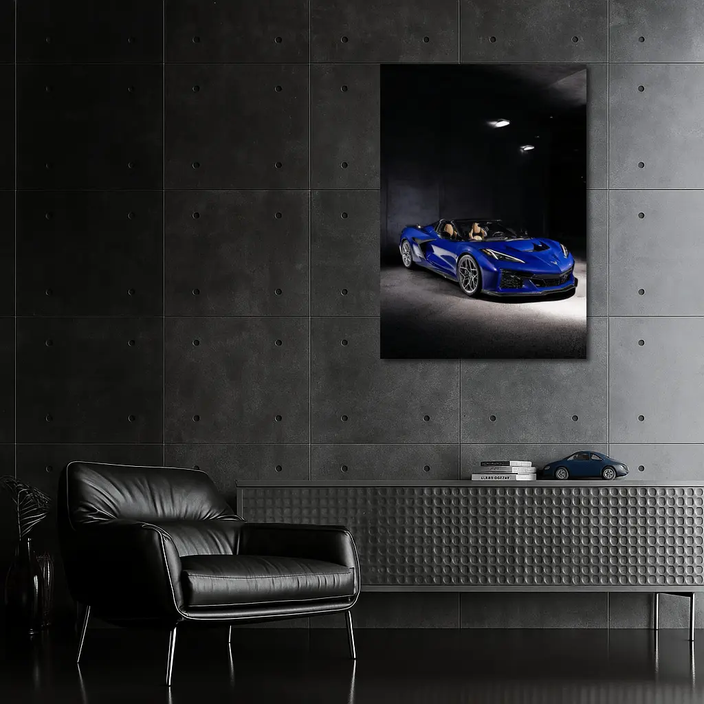 Chevrolet Corvette Blue Convertible Dark Garage – Wall Art