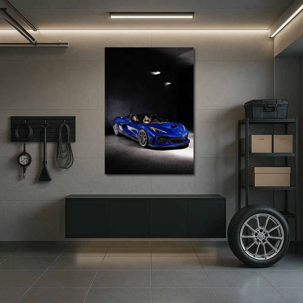 Chevrolet Corvette Blue Convertible Dark Garage – Wall Art